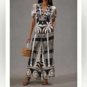 Farm Rio for Anthropologie NWT Puff-Sleeve Linen Jumpsuit size large petite $140
